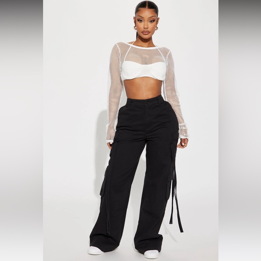 Black y2k fancy fitted cargo pants wide leg with string details, 1X/2X